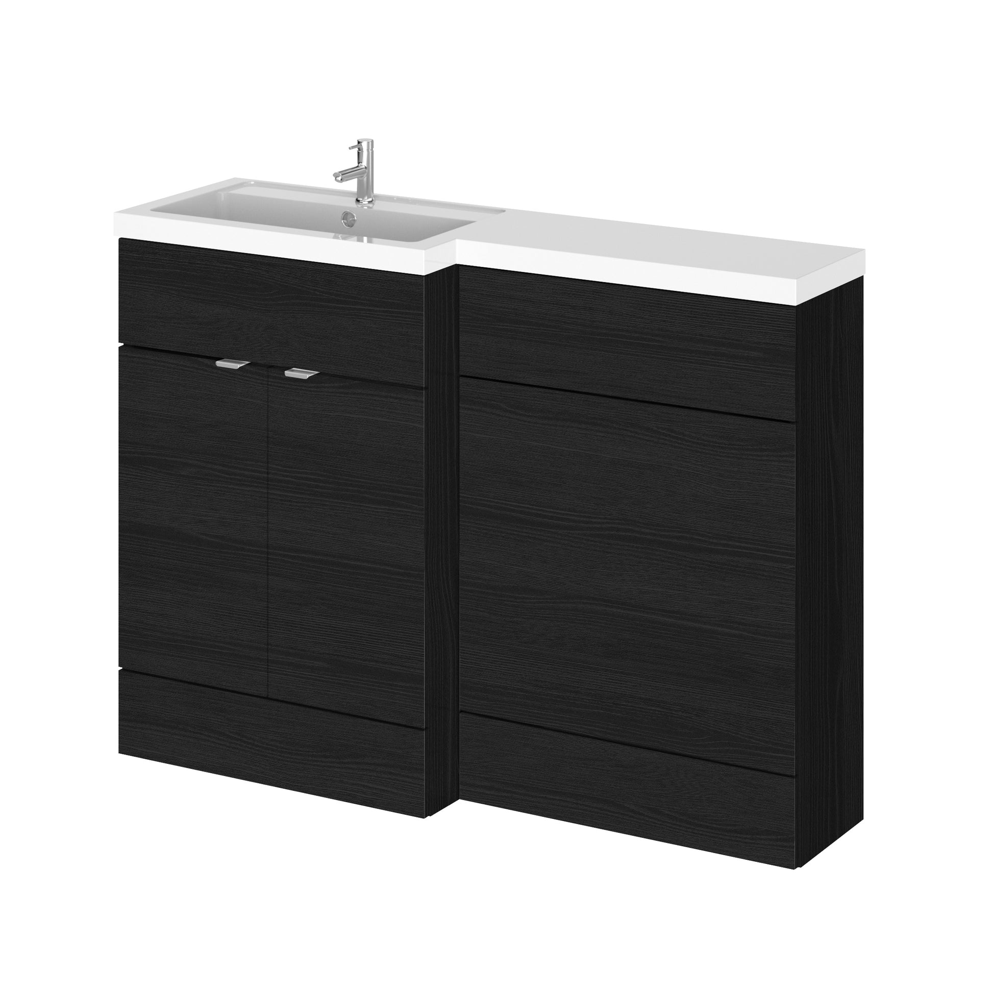 Charcoal black floor standing 2 door vanity unit with a white countertop, basin,and chrome tap.