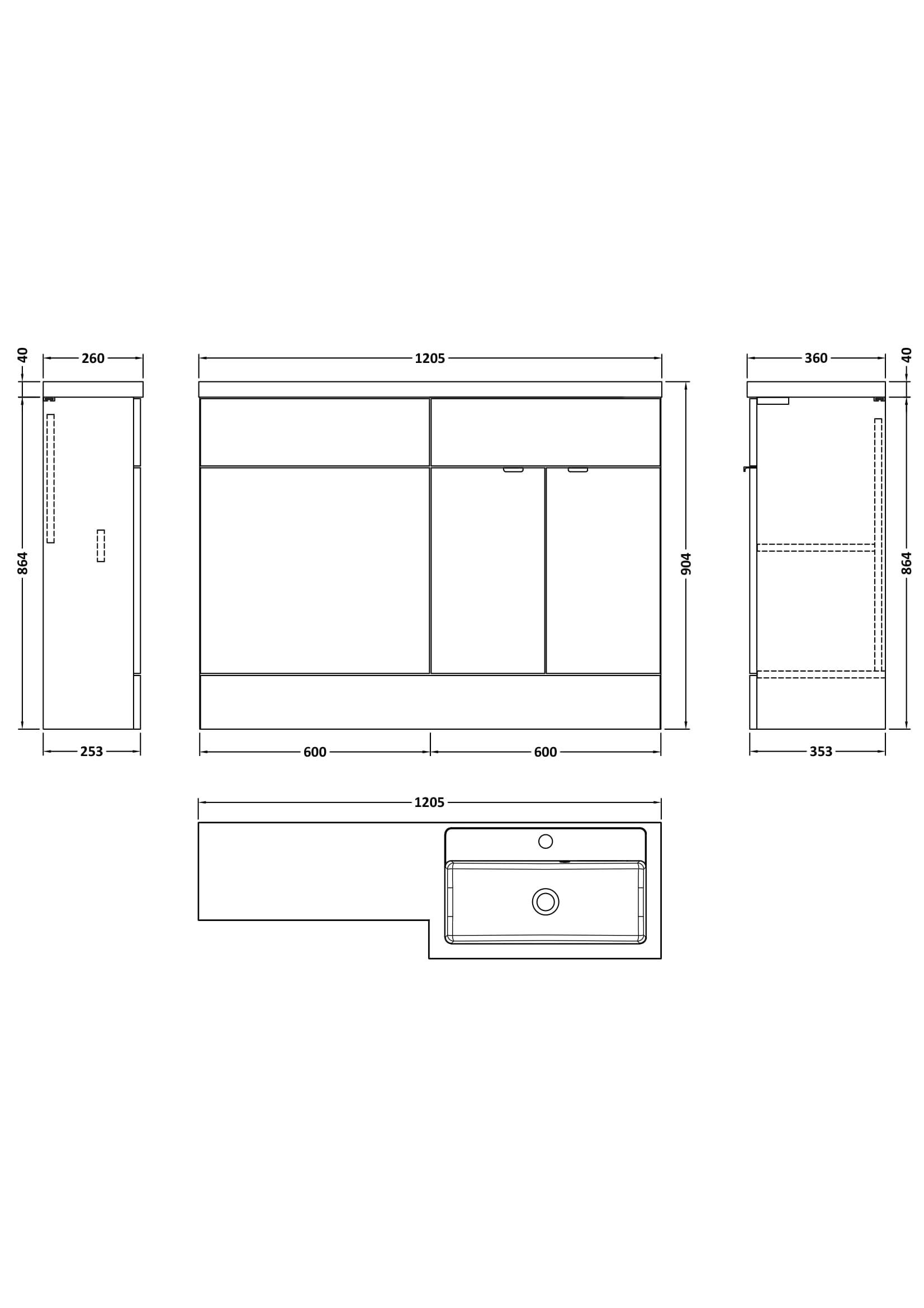Plan showing measurements of a combination bathroom furniture, showing measurements for height, width and depth.