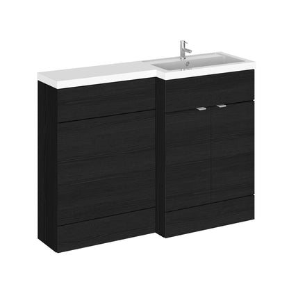 Charcoal black floor standing 2 door vanity unit with a white countertop, basin,and chrome tap.