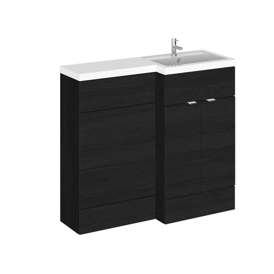 Image shows a charcoal two door vanity unit and w/c unit with white countertop, worktop, basin,and chrome tap.