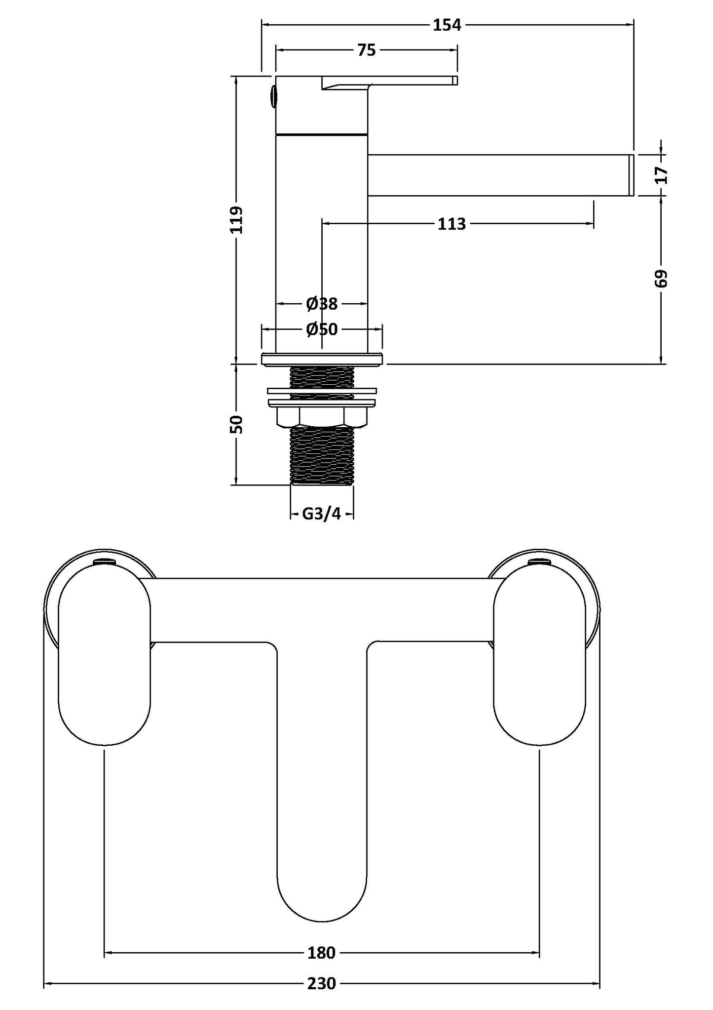 Plan of tap showing measurements of height, width and depth.