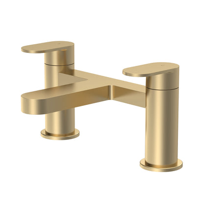 A gold-colored bath filler tap with a sleek design, featuring two handles and a central connecting rod.