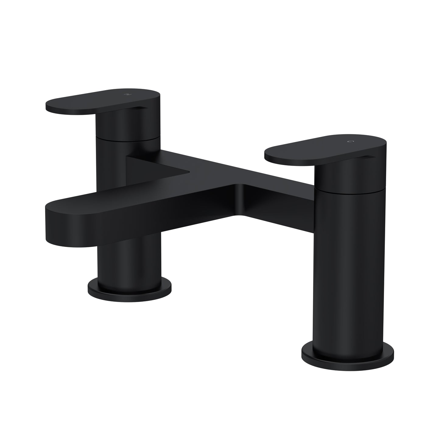 A black-colored bath filler tap with a sleek design, featuring two handles and a central connecting rod.