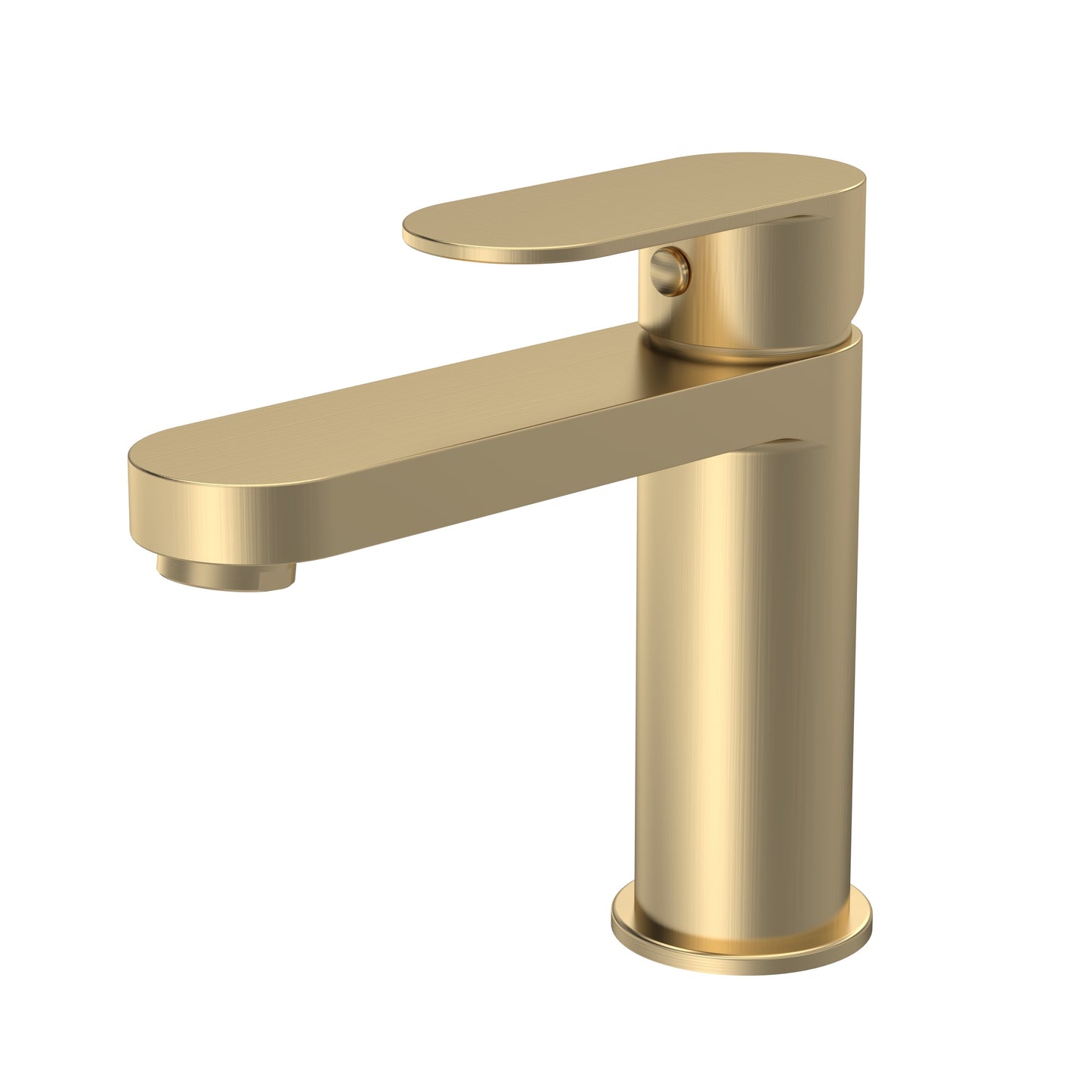 A brushed brass, contemporary basin mixer tap with a rounded design.