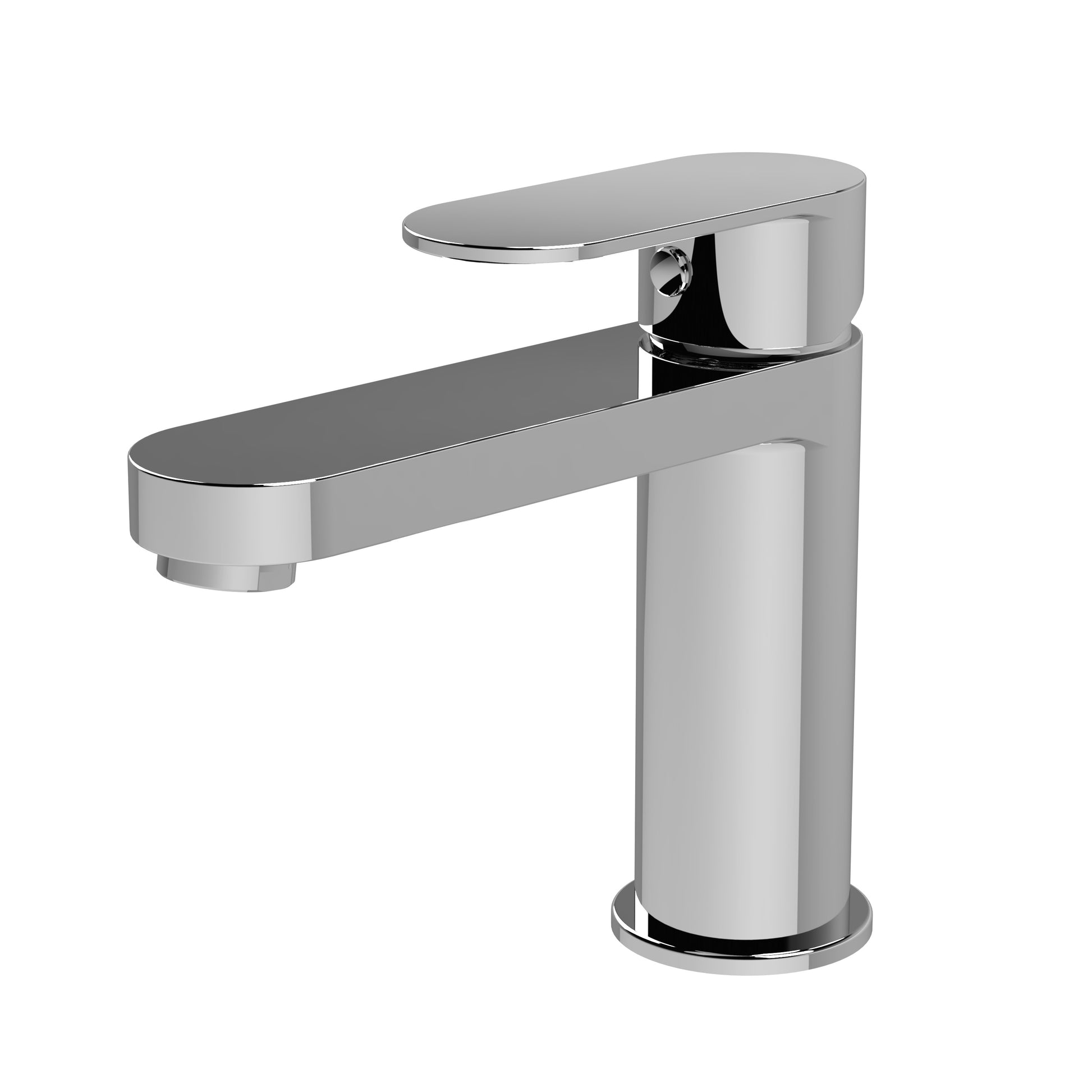 A black, contemporary basin mixer tap with a rounded design.