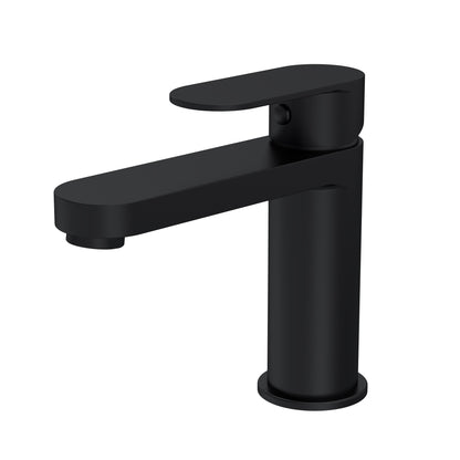 A black, contemporary basin mixer tap with a curved design.
