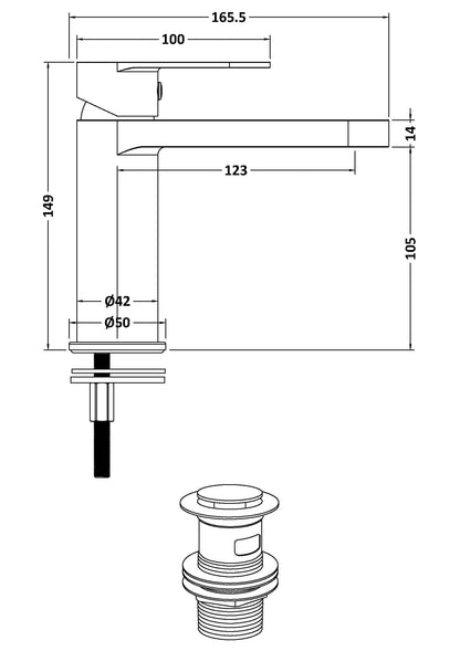Plan showing measurements of a tap in height, with and depth. Also shows waste assembly.