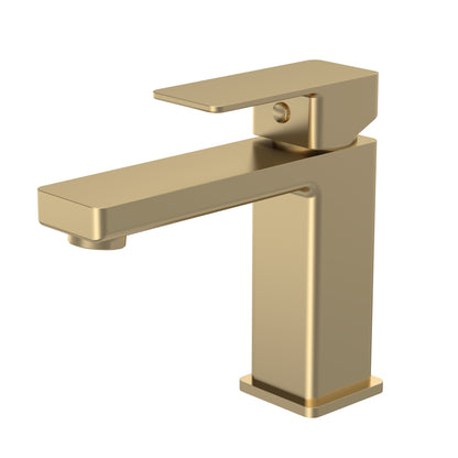 A brushed brass mono basin mixer featuring a bold, angular design.