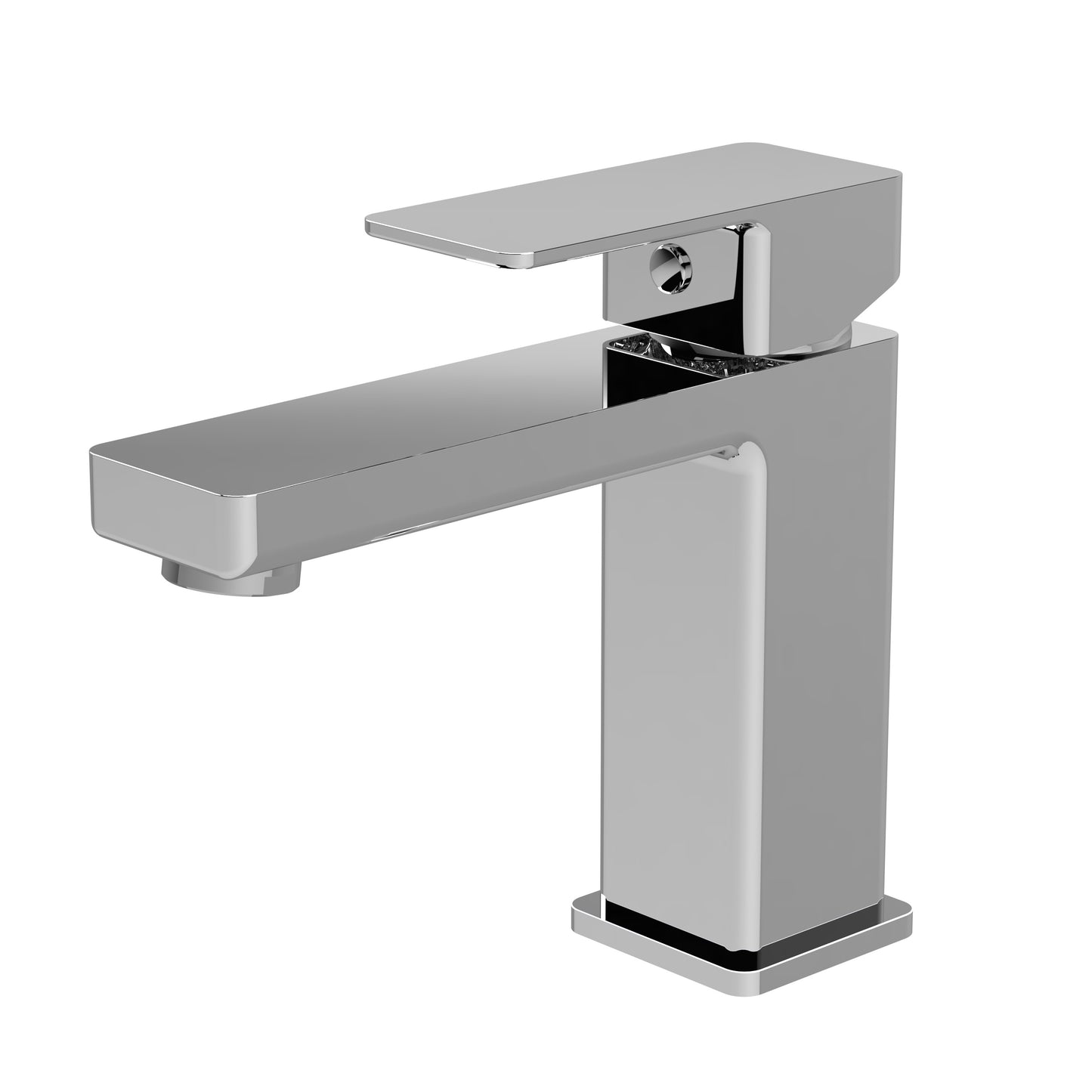 A silver mono basin mixer featuring a bold, angular design.