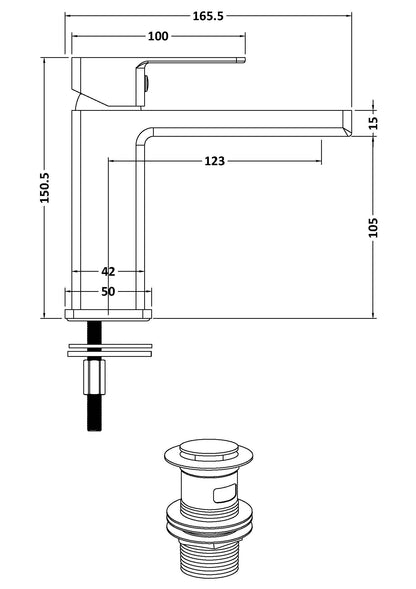 Plan showing measurements of a tap in height, with and depth. Also shows waste assembly.