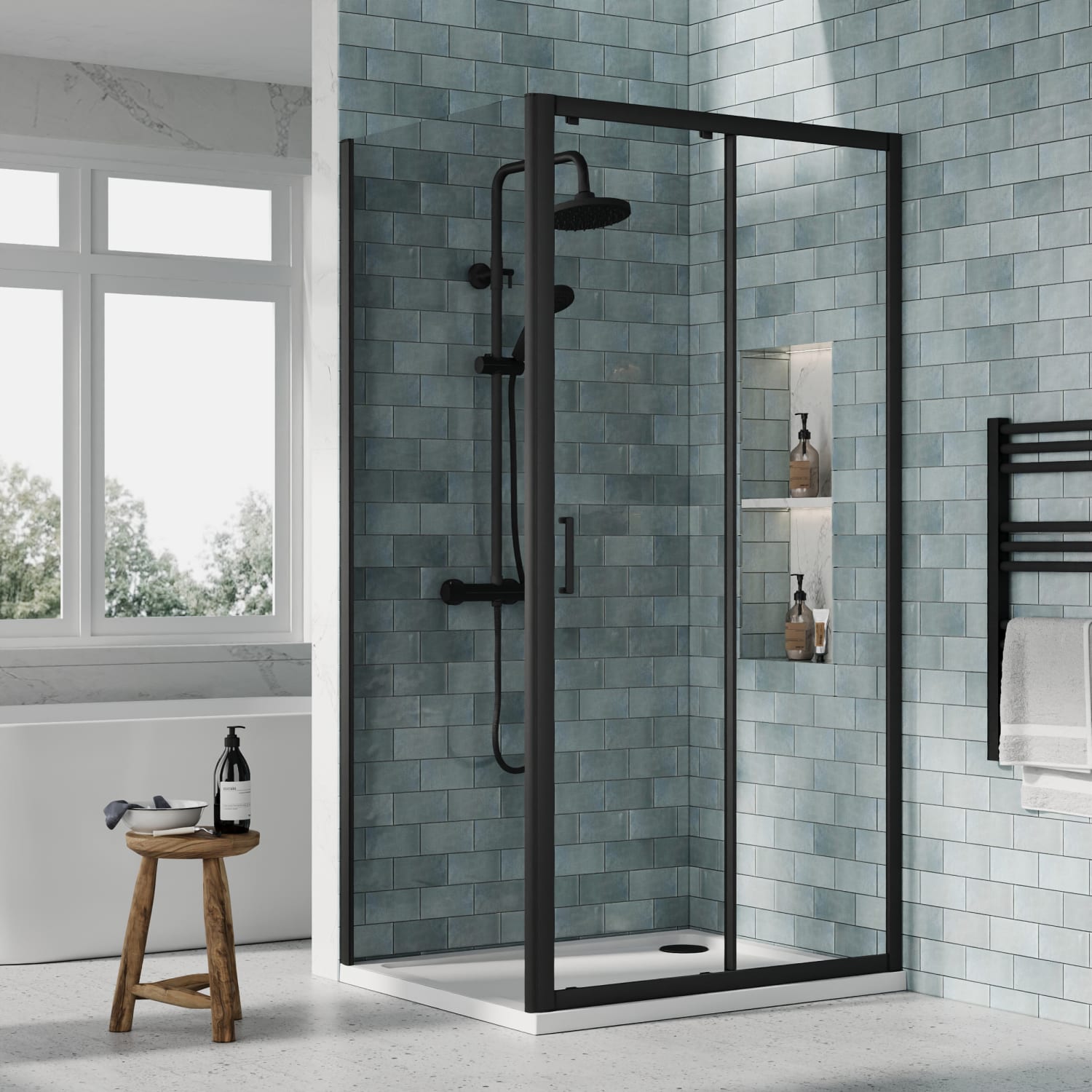 Matt black shower on aqua blue tiles matt black enclosure