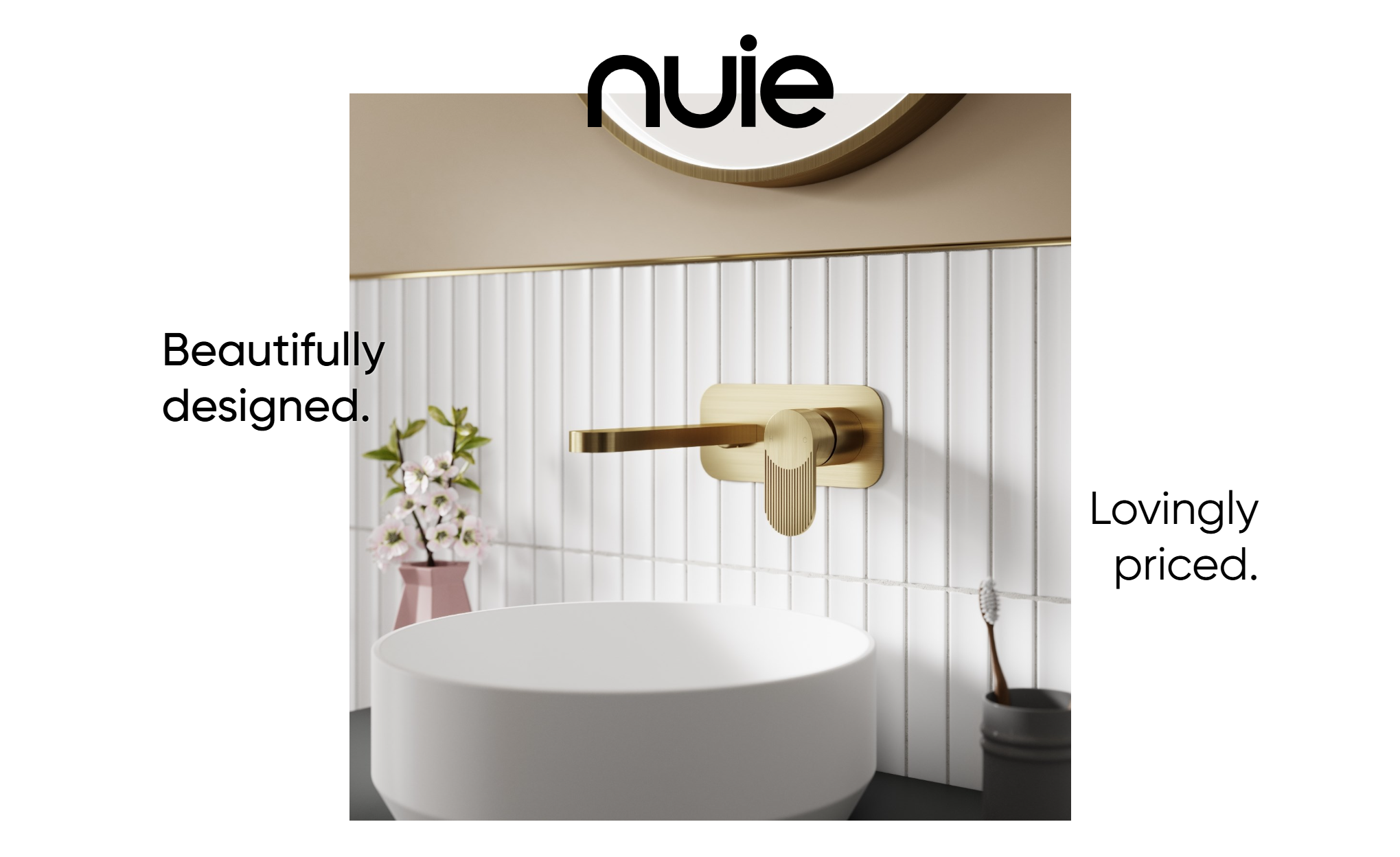 Luxury bathroom setup featuring gold tap and white basin