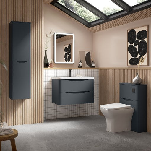 Matt black bathroom furniture on wooden slatted wall panels white tiles