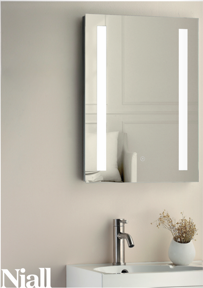 Bathroom mirror with lights on a neutral wall, featuring the brand 'Niall'.