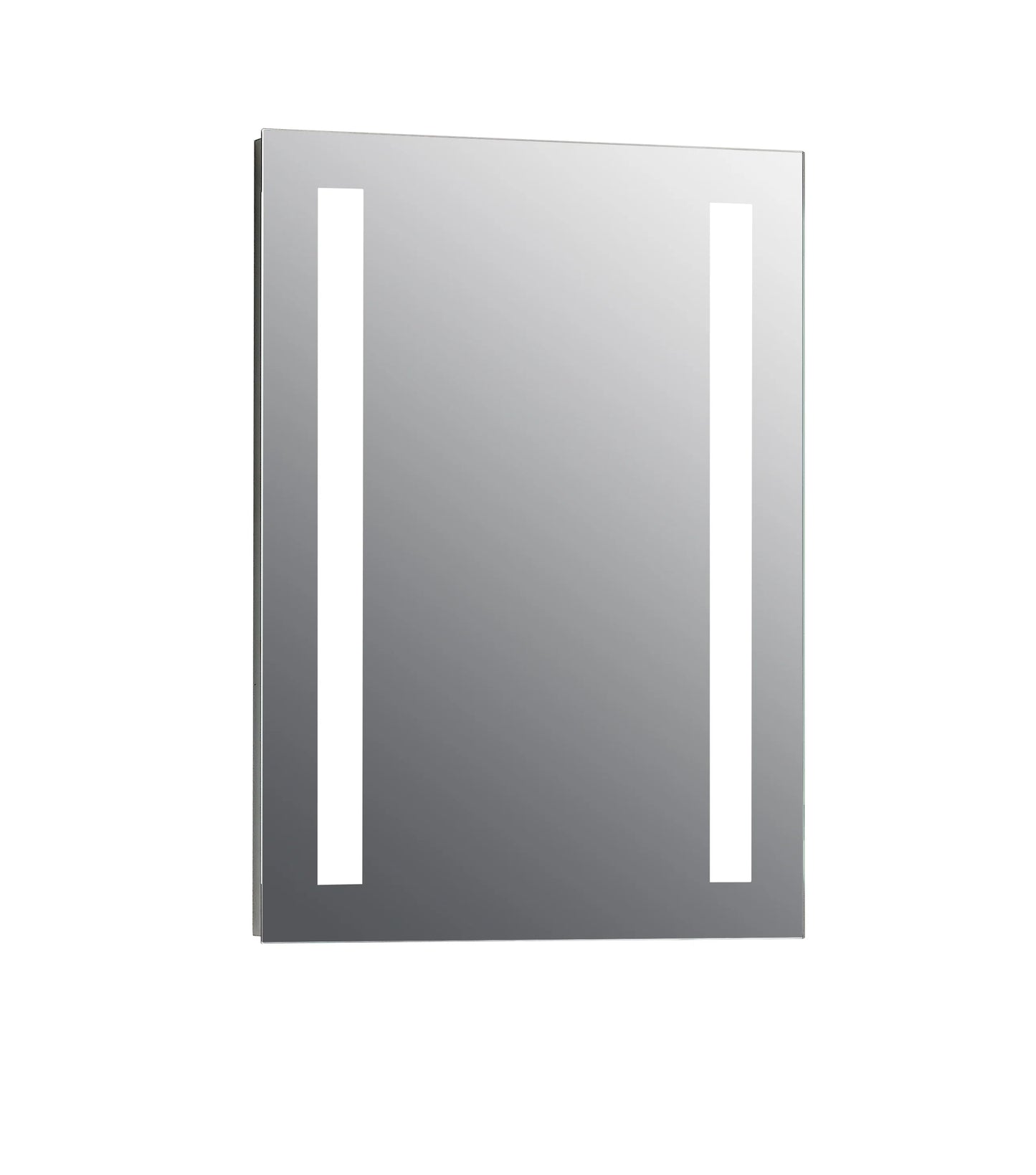 Rectangular mirror with two vertical LED strips on a white background.