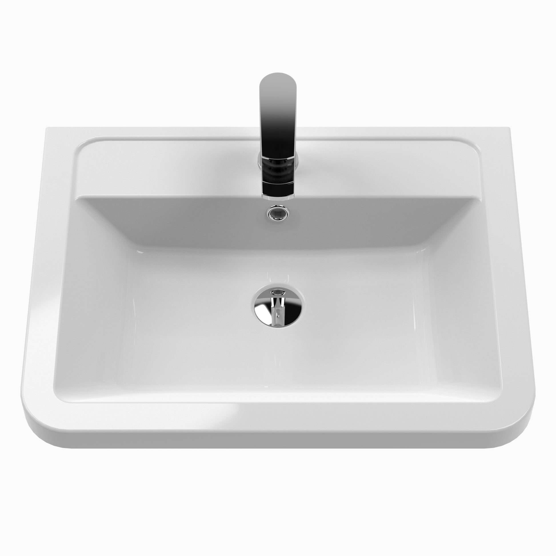 A white ceramic basin with a central tap hole and chrome mixer tap with tapered handle shown from a top angle view.