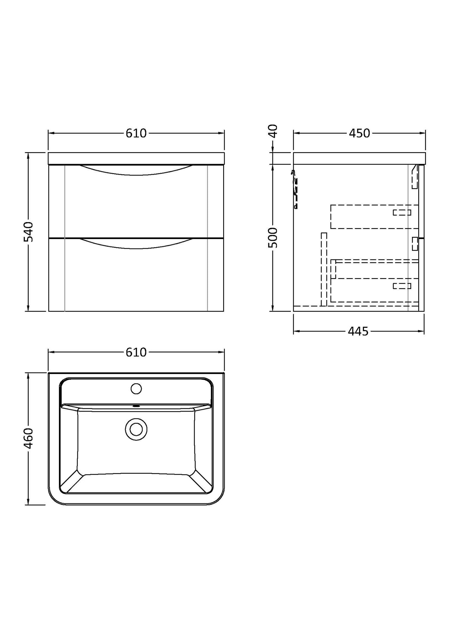 Technical drawing showing the measurements of a vanity unit and basin. Height , depth and width are shown.