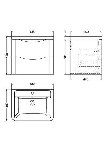 Technical drawing showing the measurements of a vanity unit and basin. Height , depth and width are shown.