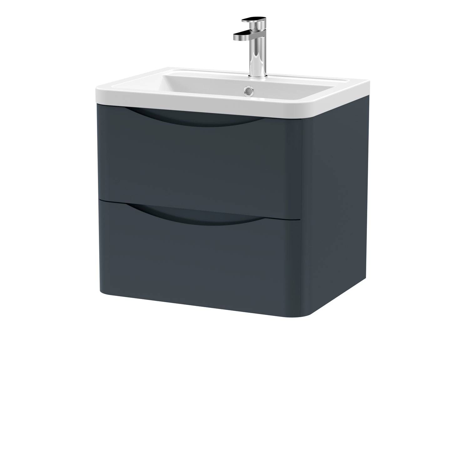 A satin black wall-hung bathroom vanity unit with two drawers and a ceramic basin sink.