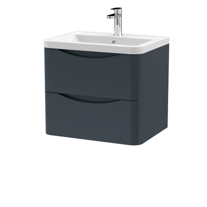 A satin black wall-hung bathroom vanity unit with two drawers and a ceramic basin sink.