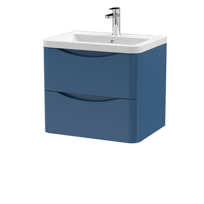 A satin blue wall-hung bathroom vanity unit with two drawers and a ceramic basin sink.