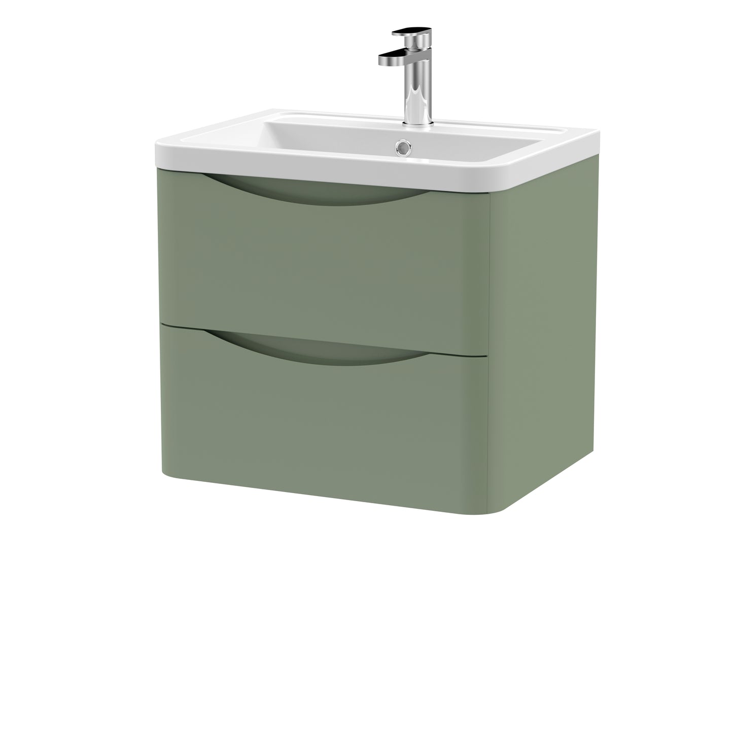 A green wall-hung bathroom vanity unit with two drawers and a ceramic basin sink.