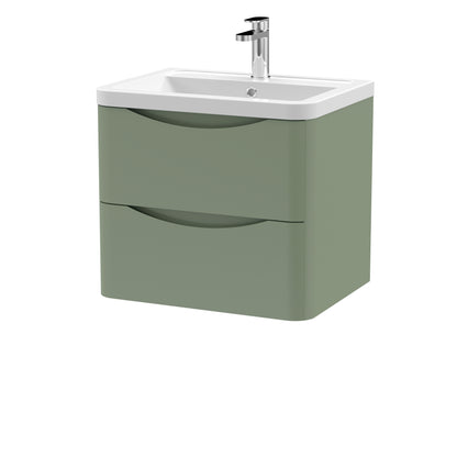A green wall-hung bathroom vanity unit with two drawers and a ceramic basin sink.