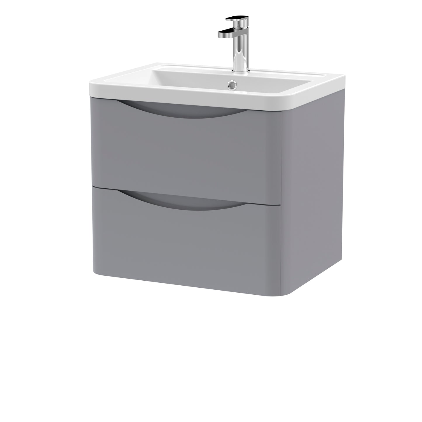 A grey wall-hung bathroom vanity unit with two drawers and a ceramic basin sink.