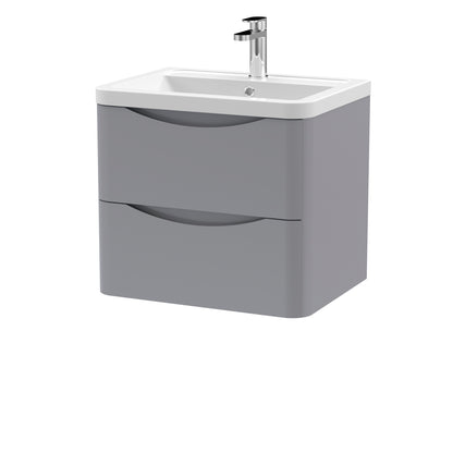 A grey wall-hung bathroom vanity unit with two drawers and a ceramic basin sink.