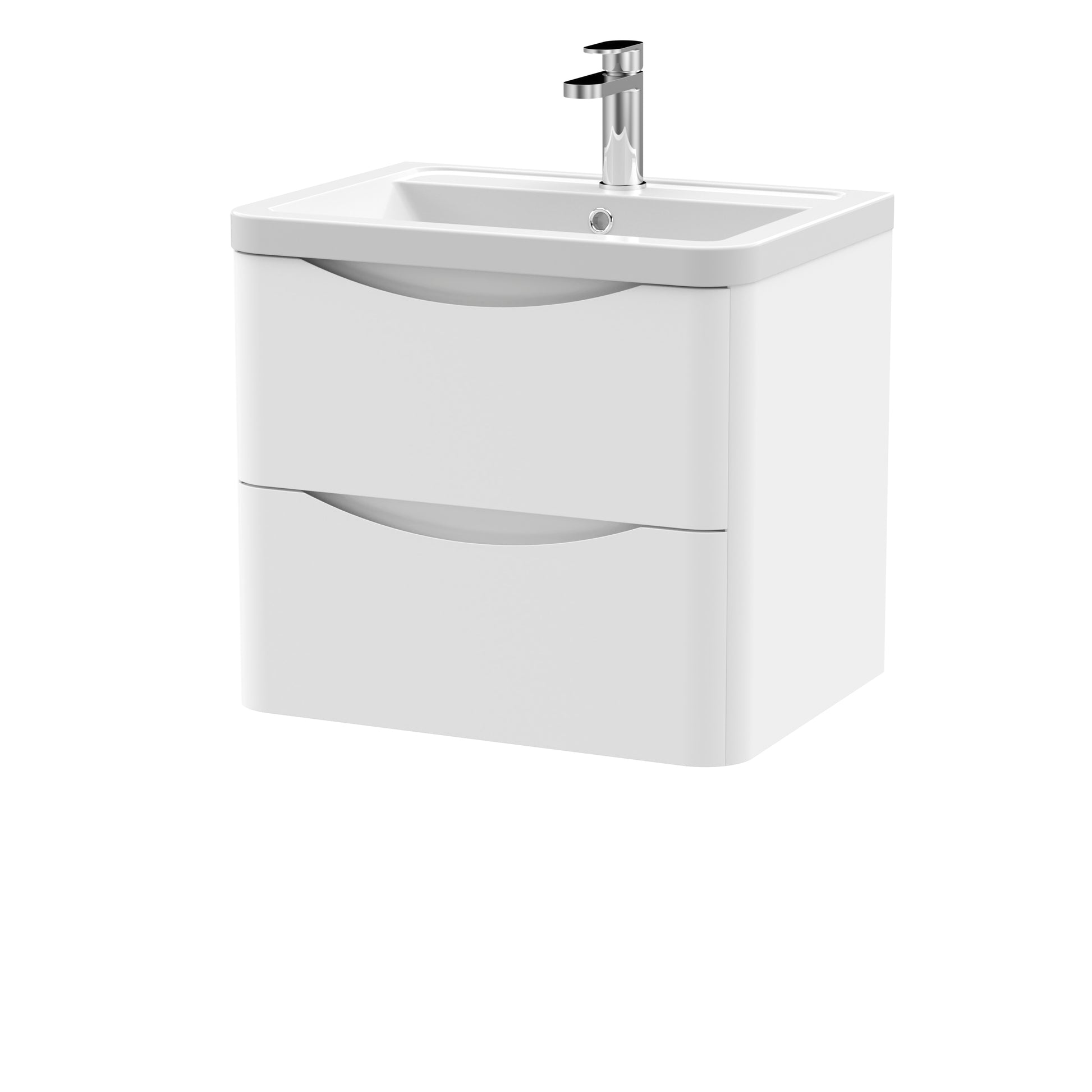 A white wall-hung bathroom vanity unit with two drawers and a ceramic basin sink.