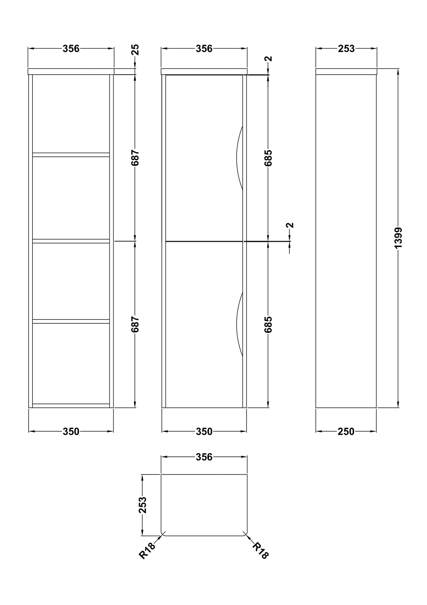 Tecnhical drawing showing dimensions of a tall bathroom storage cabinet. The dimensions for height, depth and width are shown.
