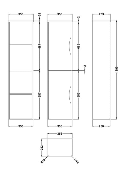 Tecnhical drawing showing dimensions of a tall bathroom storage cabinet. The dimensions for height, depth and width are shown.