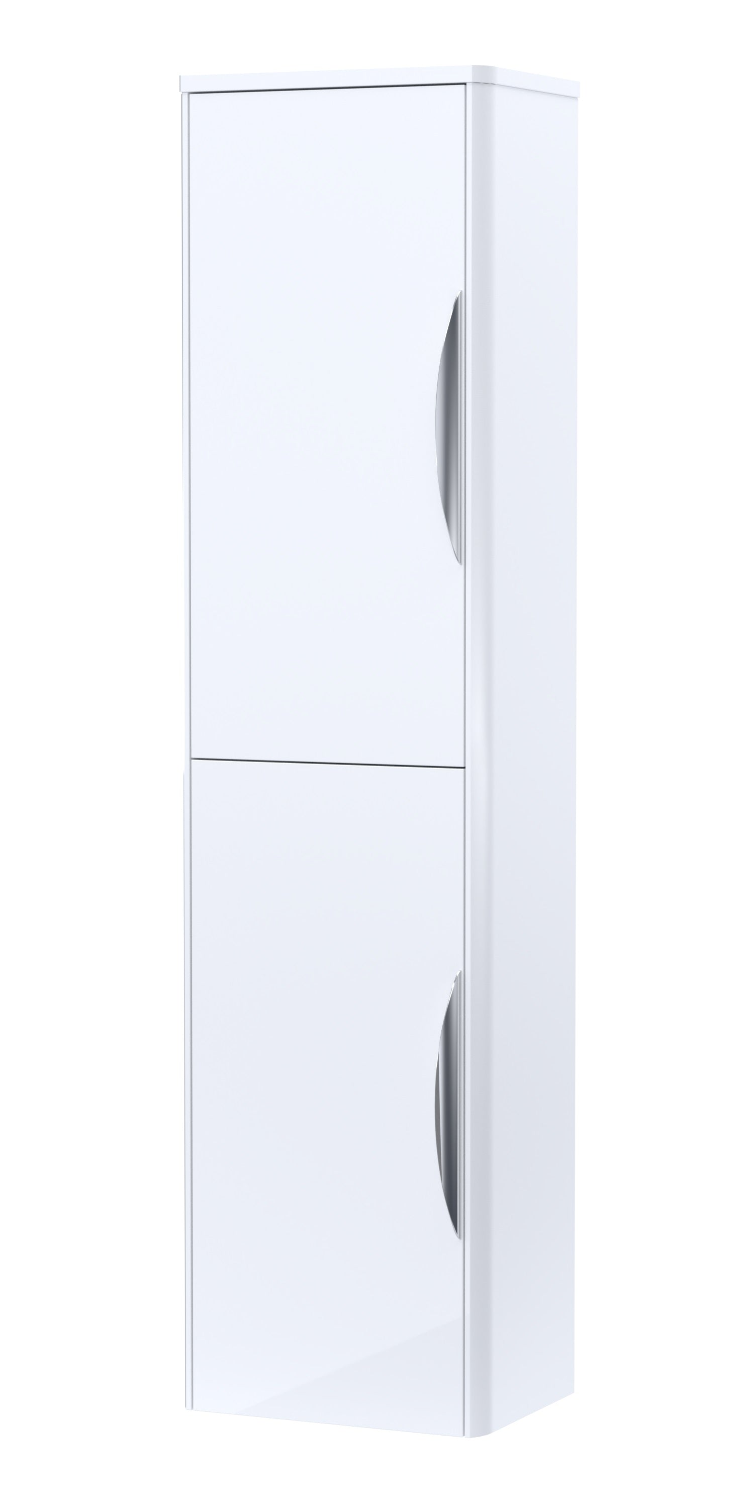 A tall white wall-hung bathroom storage unit with soft-close doors.