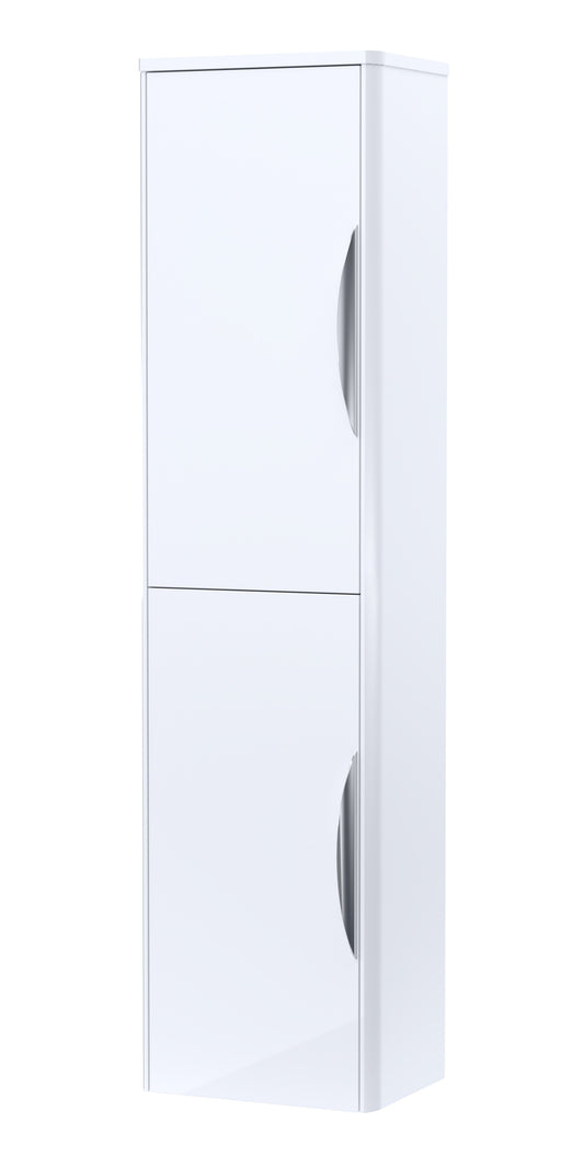 A tall white wall-hung bathroom storage unit with soft-close doors.