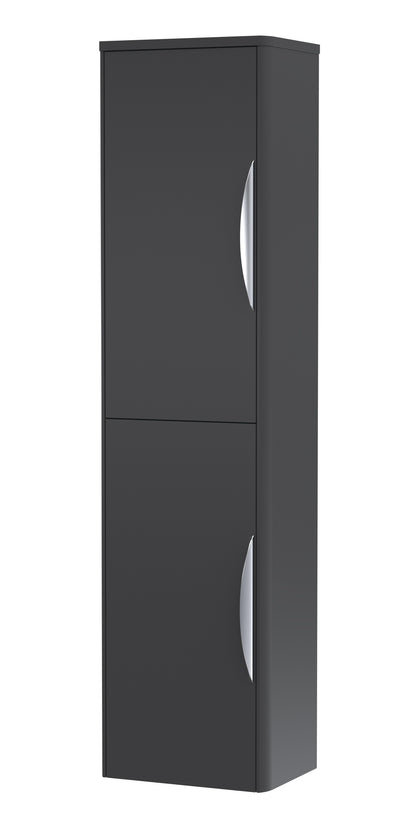 A tall satin matt black wall-hung bathroom storage unit with soft-close doors.