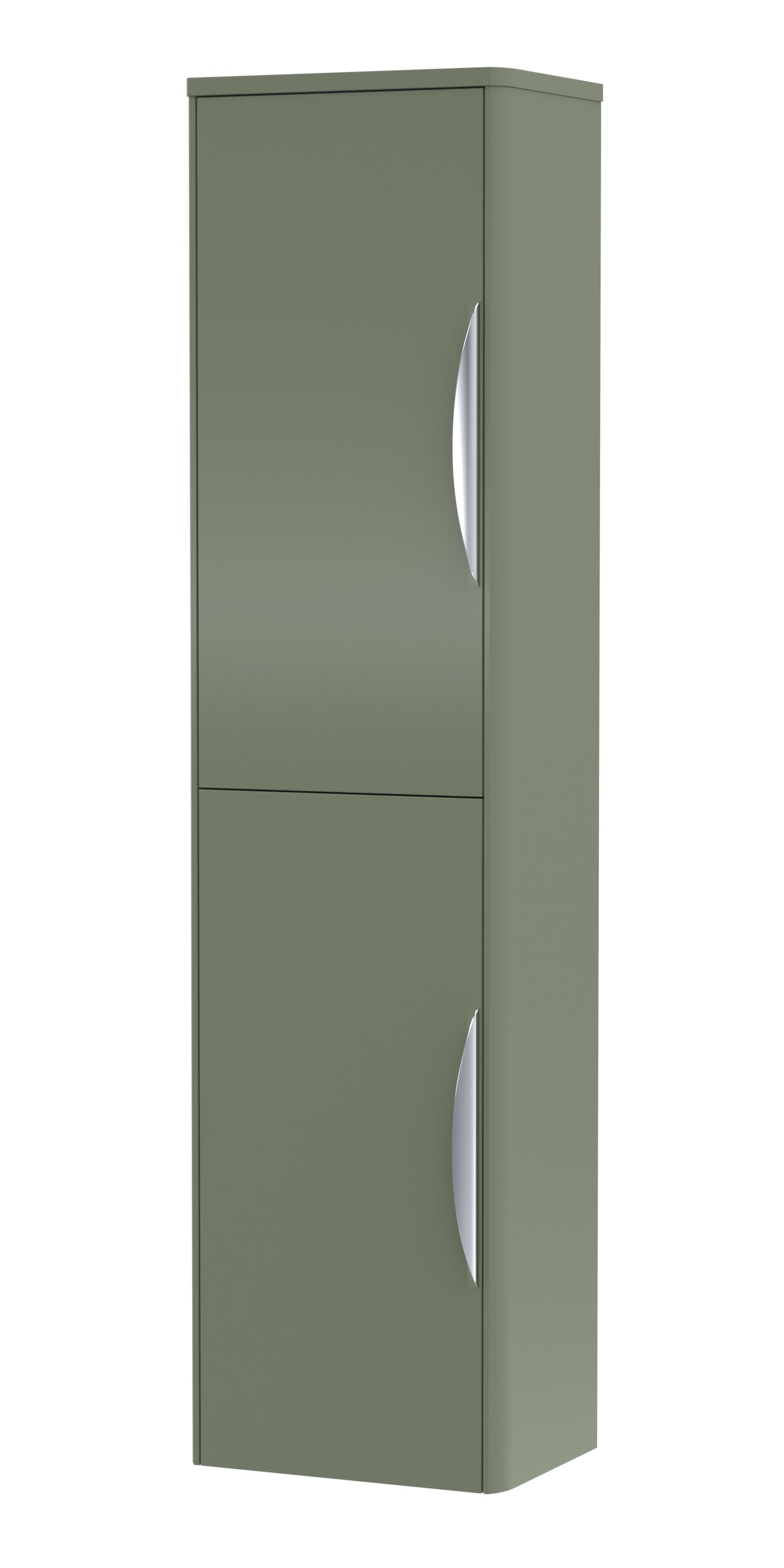 A tall green wall-hung bathroom storage unit with soft-close doors.