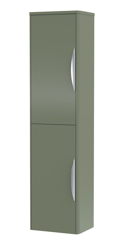 A tall green wall-hung bathroom storage unit with soft-close doors.