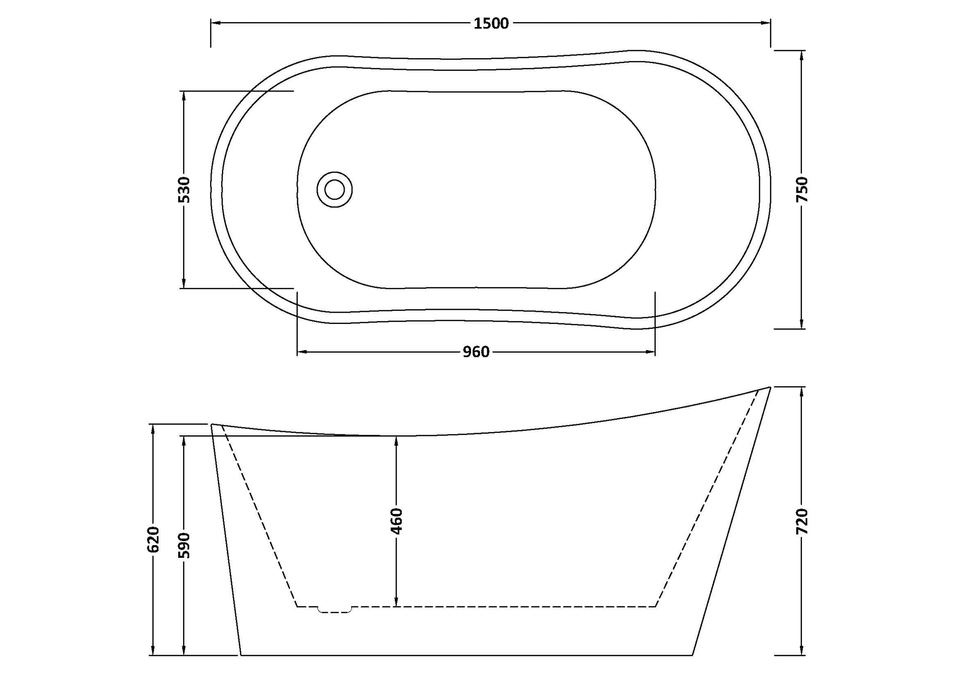 Technical drawing showing dimensions of a slipper bathtub, waste and overflow position and dimensions for height, width and depth are shown.