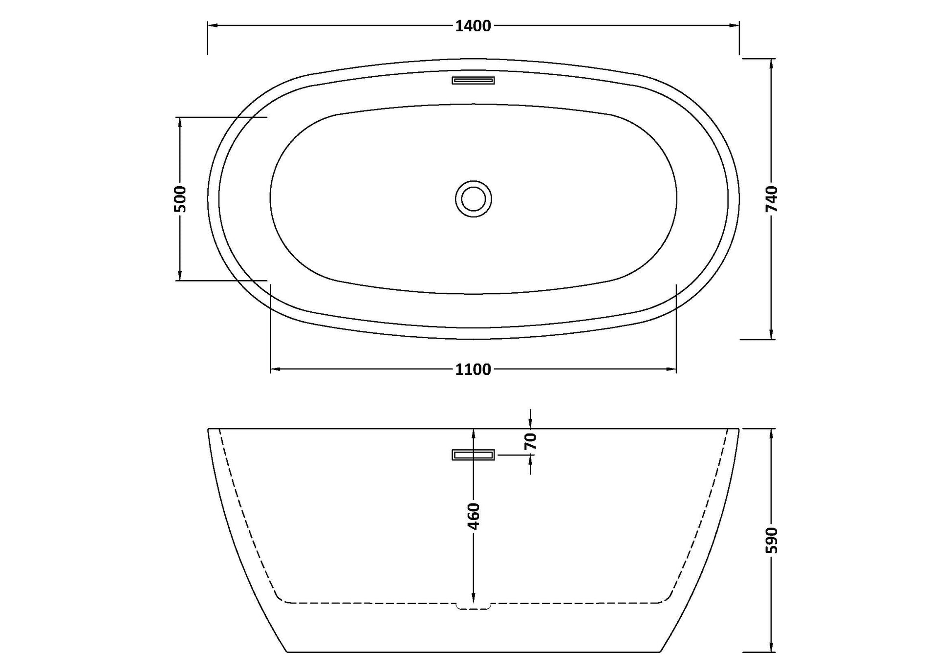 Technical drawing showing dimensions of an oval double ended bathtub, waste and overflow position and dimensions for height, width and depth are shown.