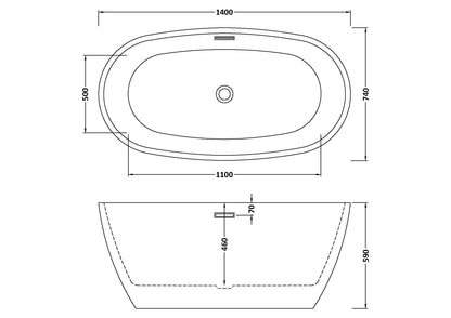 Technical drawing showing dimensions of an oval double ended bathtub, waste and overflow position and dimensions for height, width and depth are shown.
