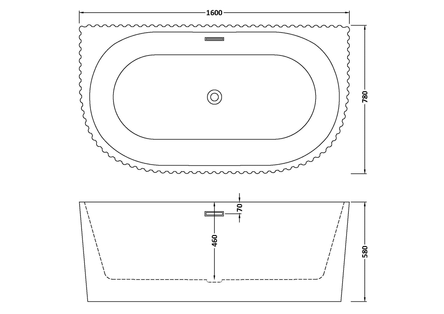 Technical drawing showing dimensions of a oval fluted bathtub, waste position and dimensions for height, width and depth are shown.
