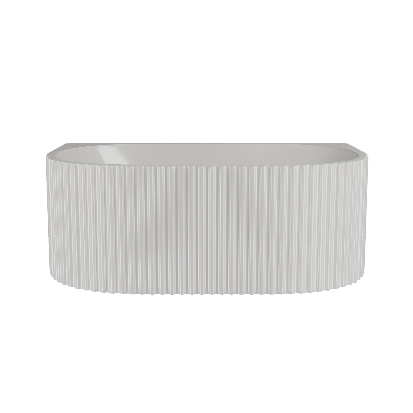 An oval white acrylic bathtub with fluted sides, back wall mounted, with a central waste position.