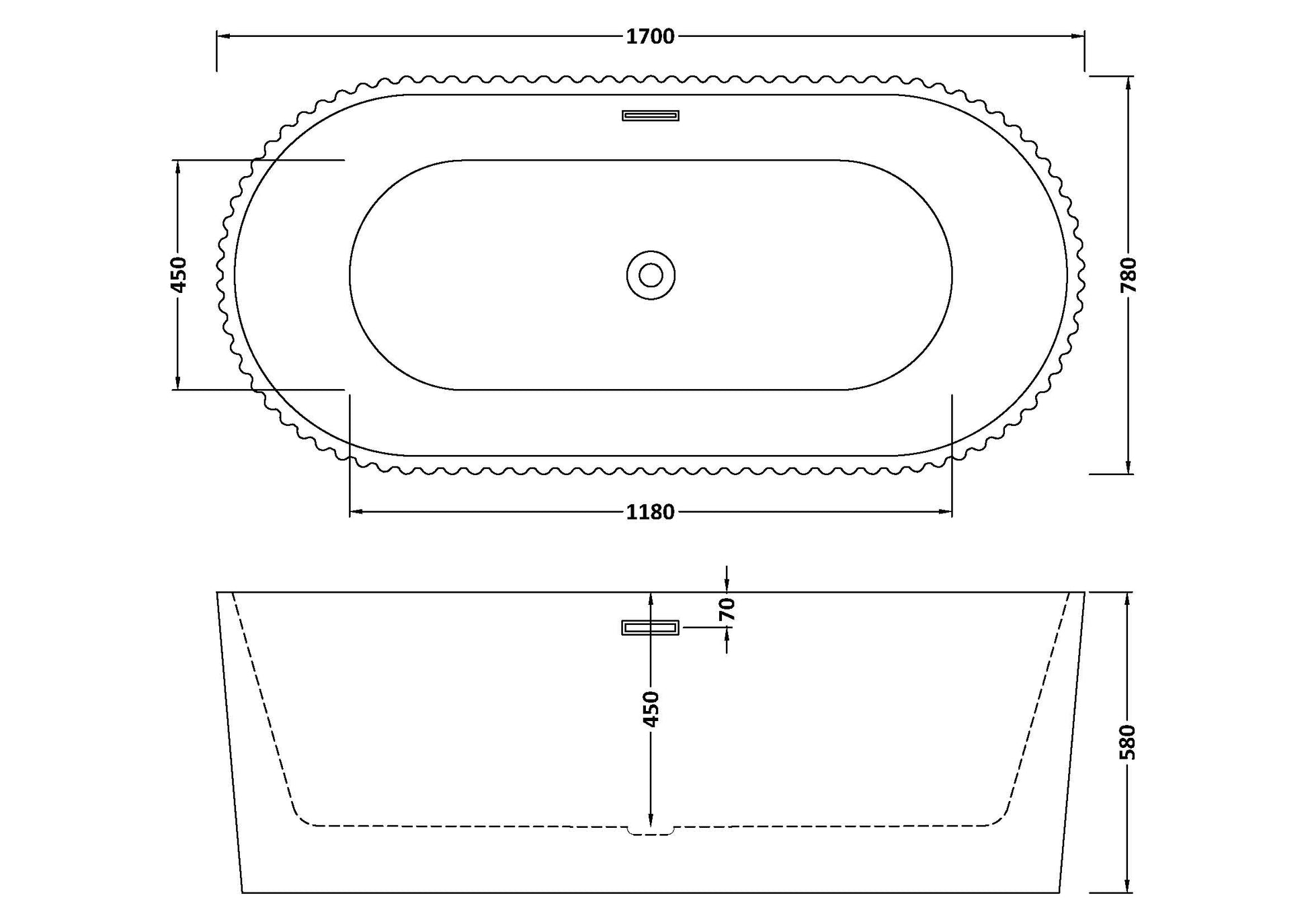 Technical drawing showing dimensions of an oval fluted design, double ended bathtub, waste and overflow position and dimensions for height, width and depth are shown.