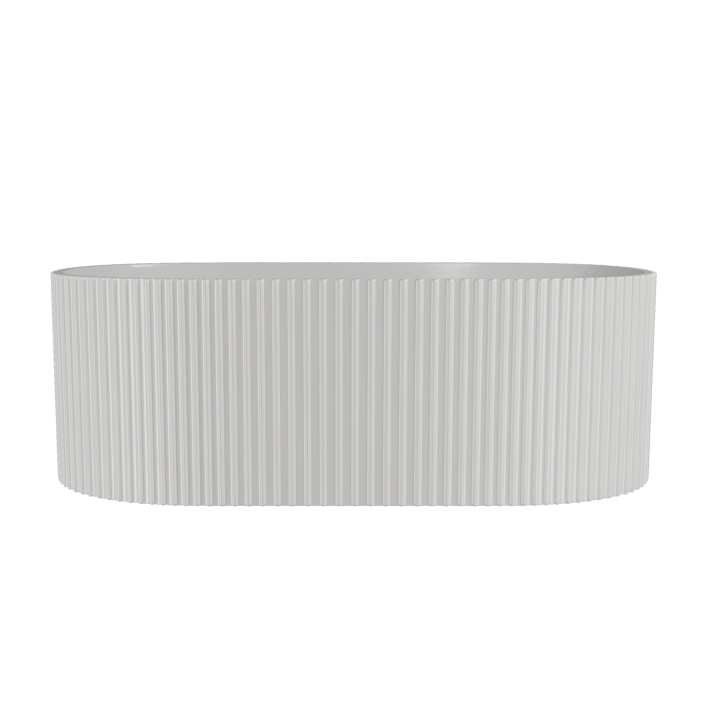 A freestanding white oval bathtub with a fluted design.