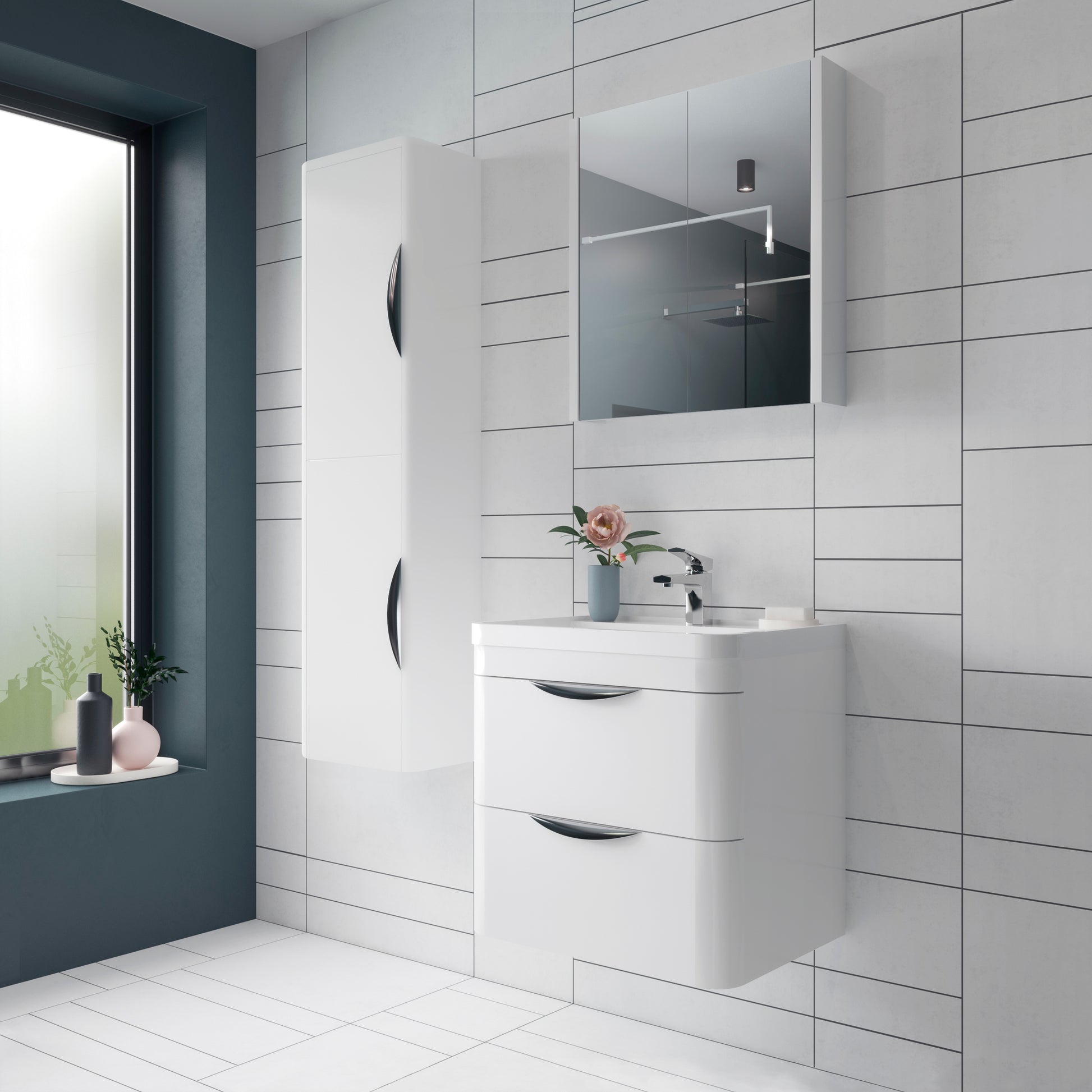 A modern white wall-hung bathroom vanity unit with ceramic basin and mirror, set against a tiled wall with a window and house plant.