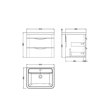 Technical drawing showing dimensions of vanity unit and basin, dimensions for height, width and depth are shown.