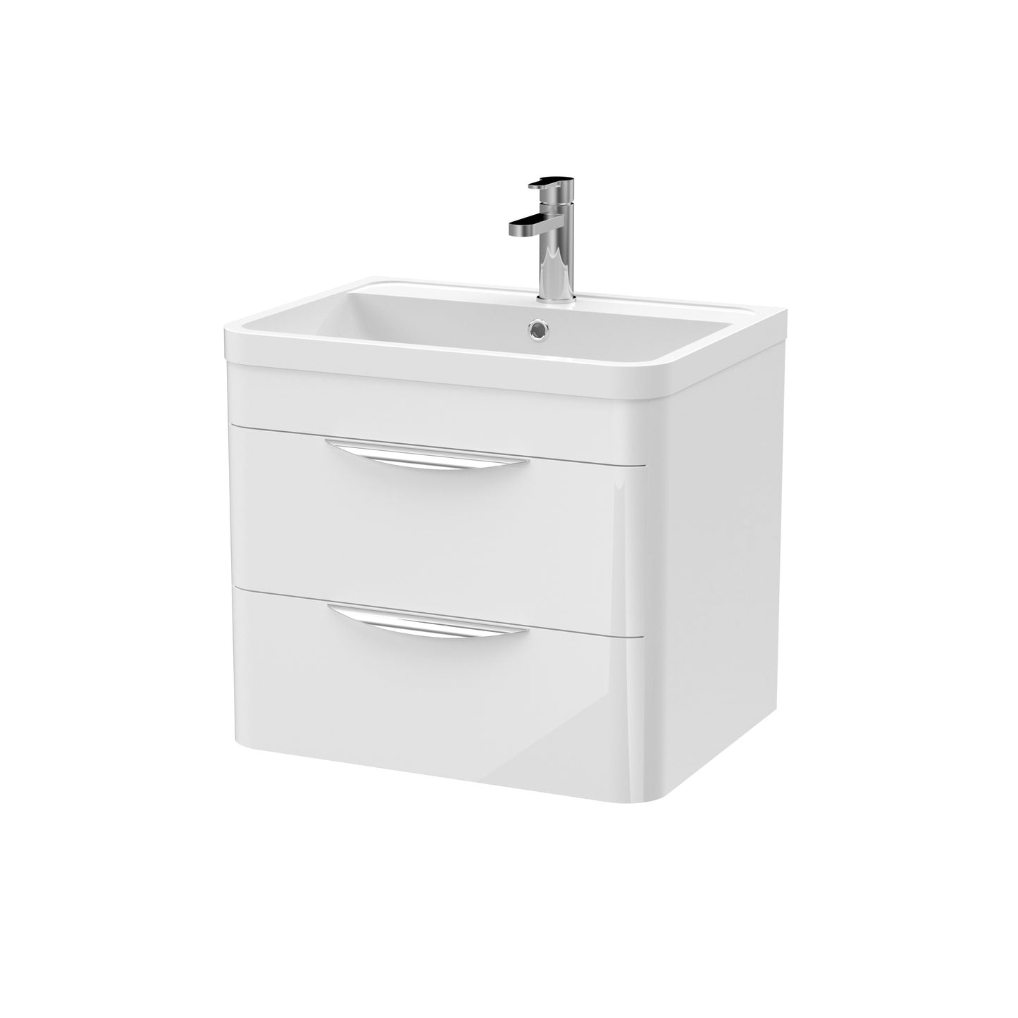 A modern white wall-hung bathroom vanity unit with ceramic basin and chrome mixer tap.