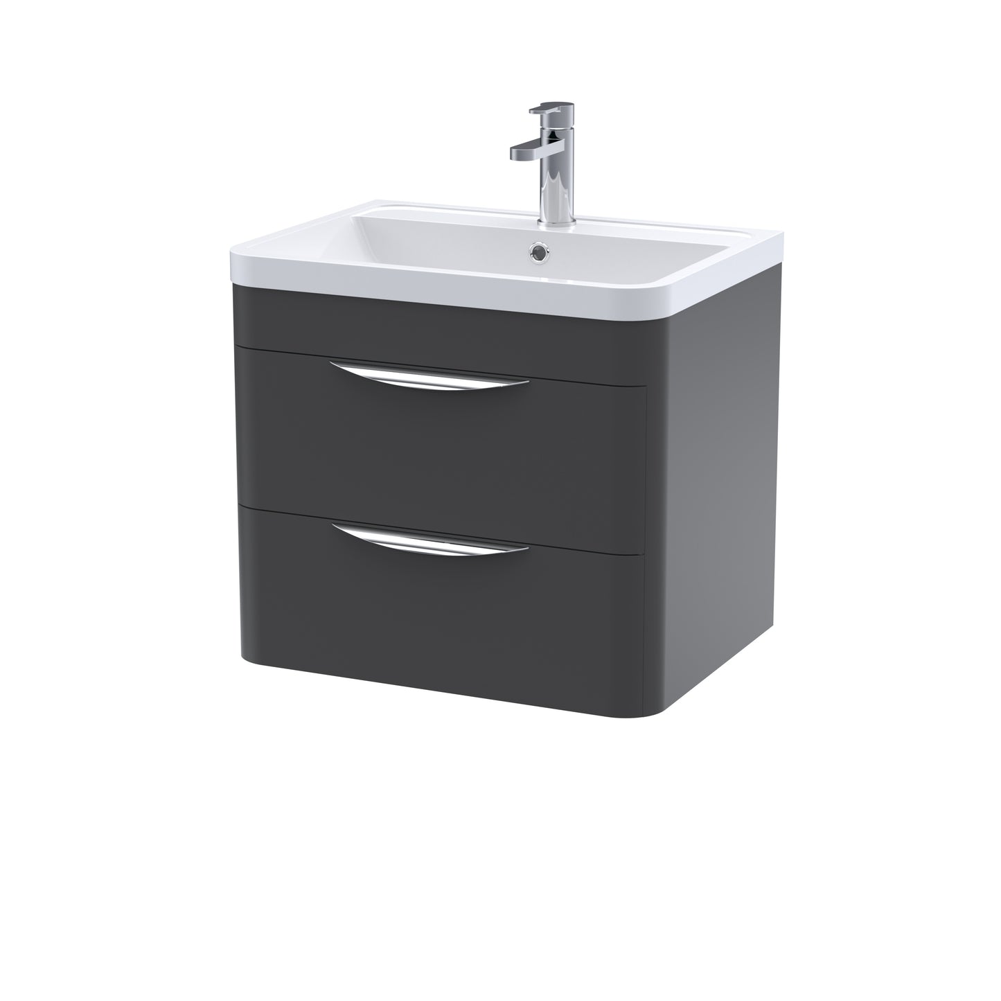 A modern black wall-hung bathroom vanity unit with ceramic basin and chrome mixer tap.