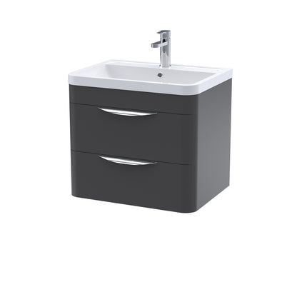 A modern black wall-hung bathroom vanity unit with ceramic basin and chrome mixer tap.