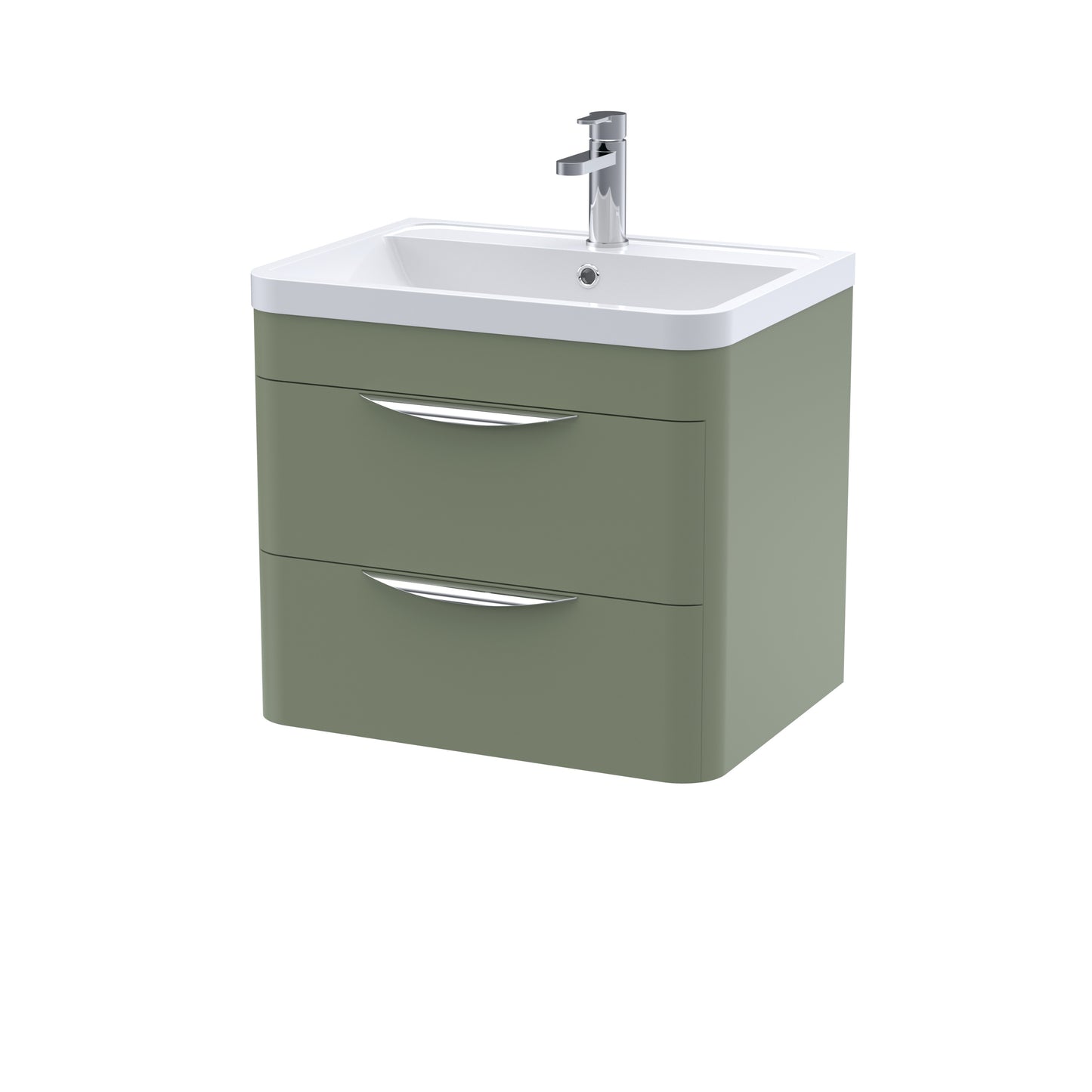 A modern green wall-hung bathroom vanity unit with ceramic basin and chrome mixer tap.